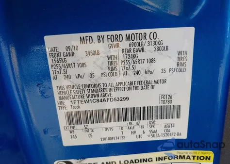 2010 Ford F-150 Xl from USA, damaged, VIN 1FTEW1C84AFD53299